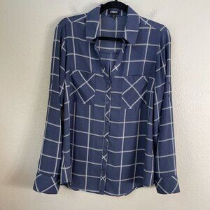 Express Womens Large Blue White Plaid Button Up Roll Tab Sleeve Shirt Blouse